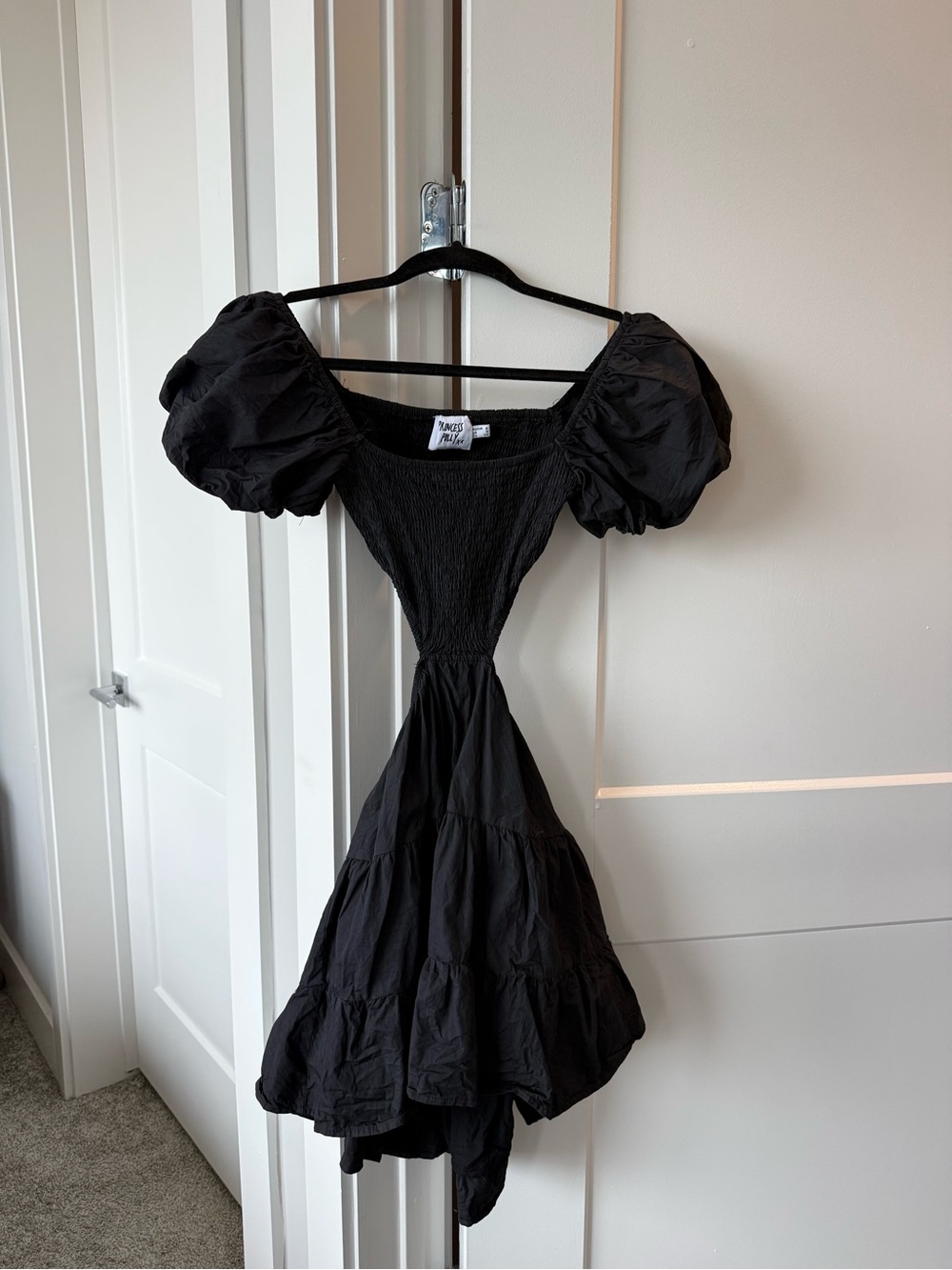 Princess Polly Black Puff-Sleeve Tiered Mini Dress